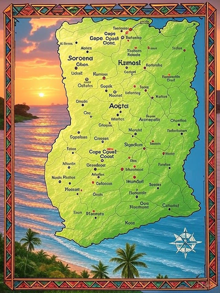 Map of Ghana highlighting Mole and Kakum National Parks